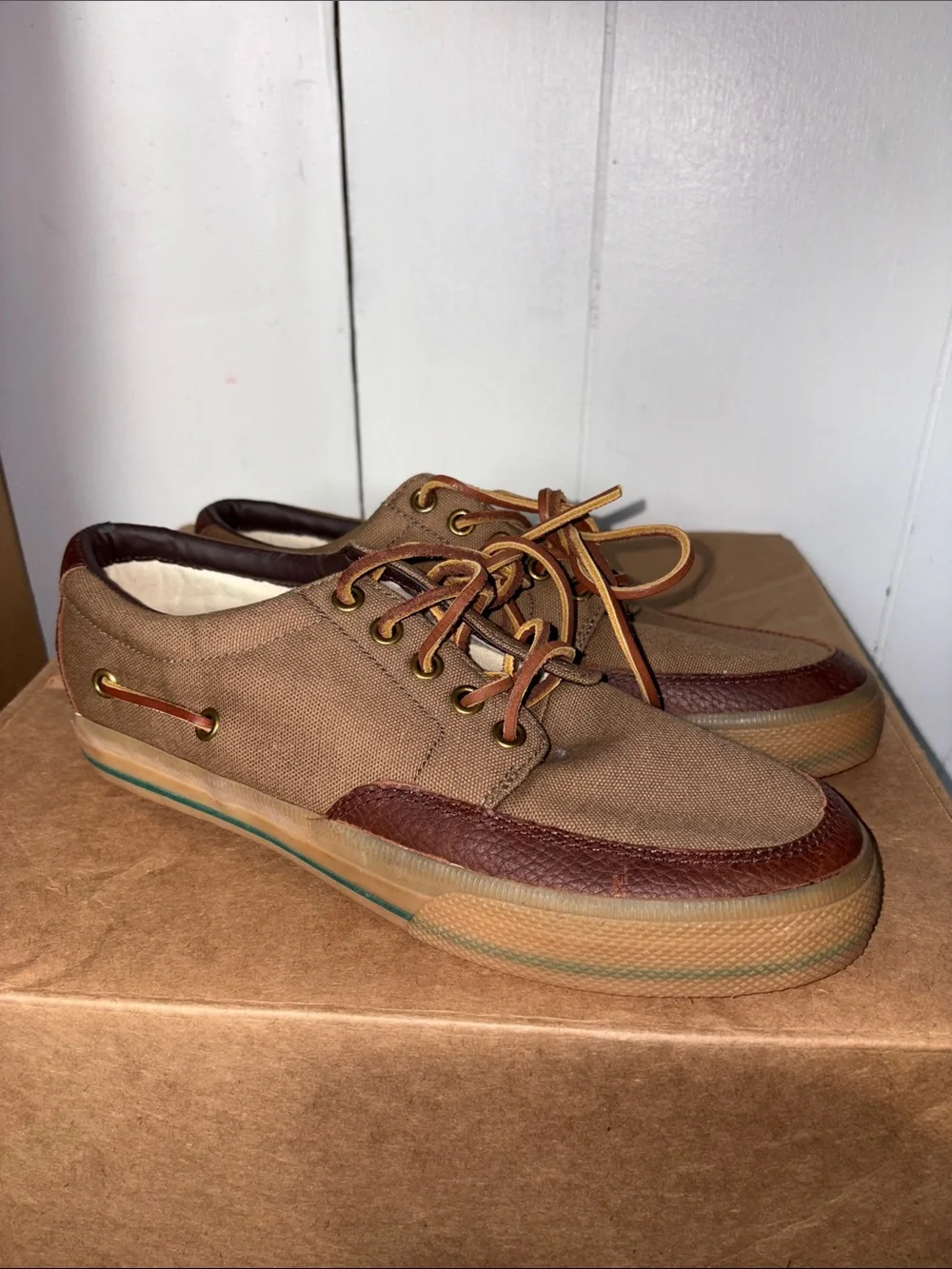 Ralph Lauren Men's Brown Canvas and Leather Boat Shoes size 7